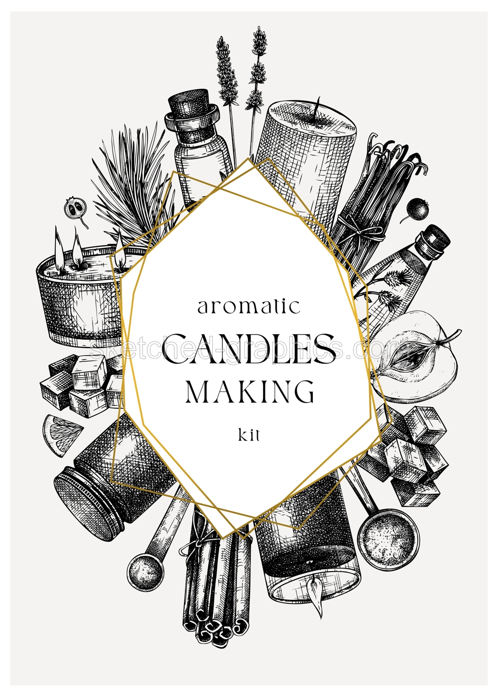Scented candles card or flyer design. Hand-sketched aromatic materials and natural ingredients for candle making, cosmetics, perfumery. Great template for branding, packaging, identity, web banners.  Illustration